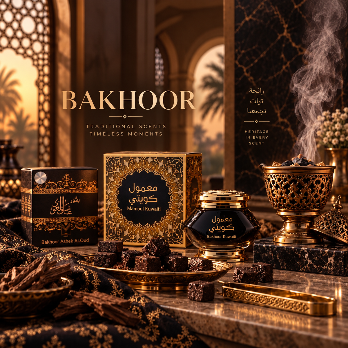 Ornate bakhoor incense display with black and gold packaging