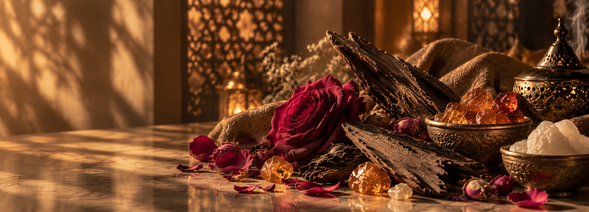 Luxury Arabian fragrance setting with rich fabric and warm lighting