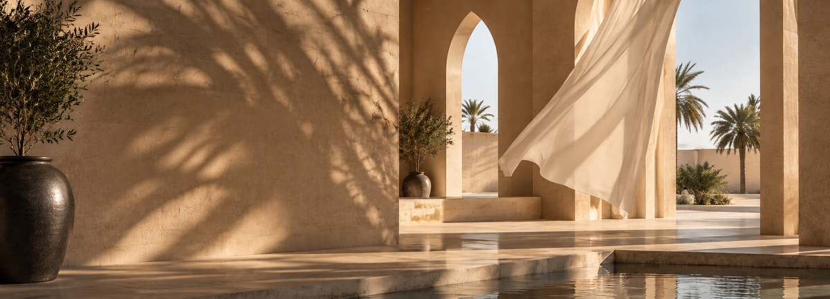 Refined Arabian fragrance scene in a warm luxury setting