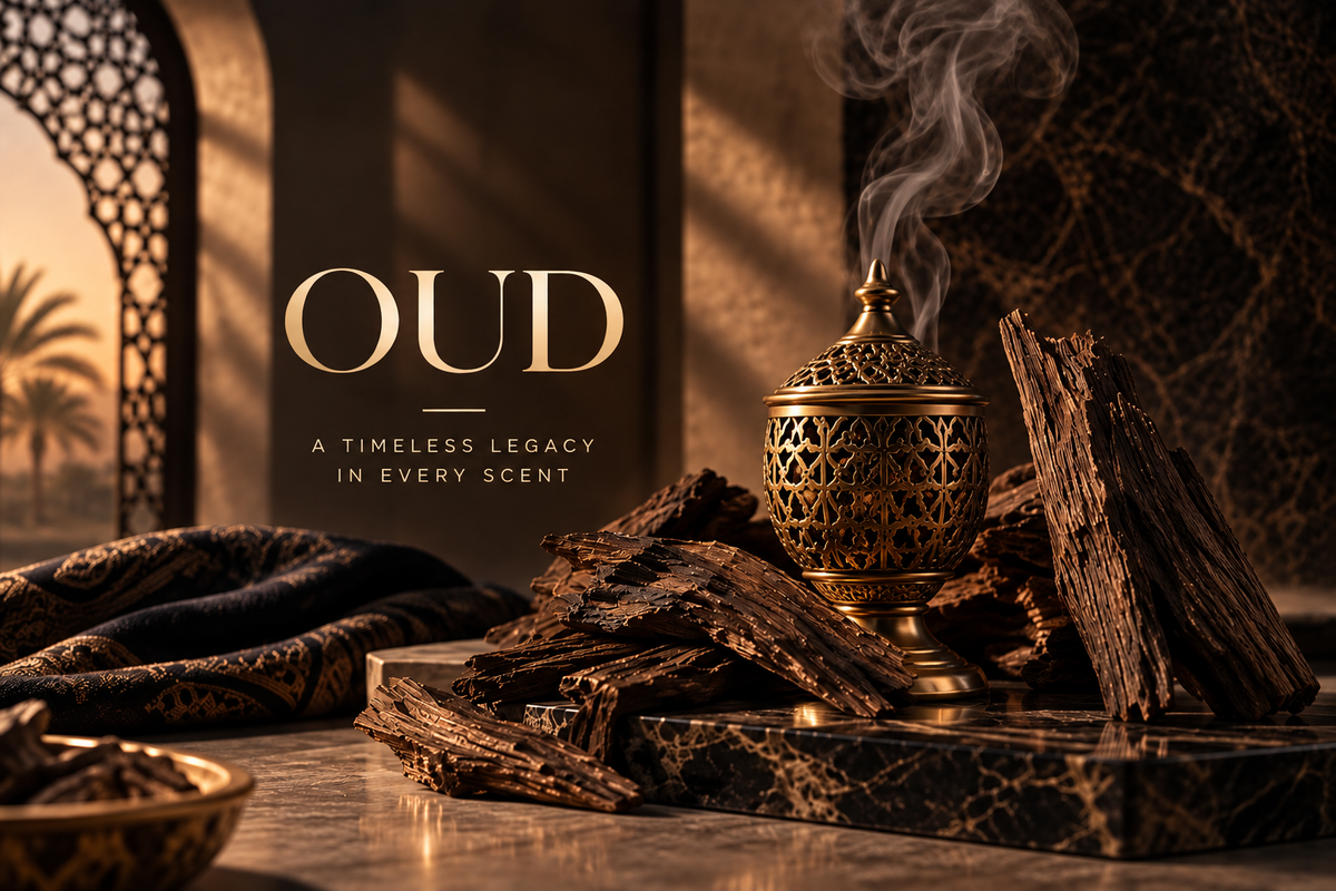 Luxury oud fragrance display in a warm Arabian setting