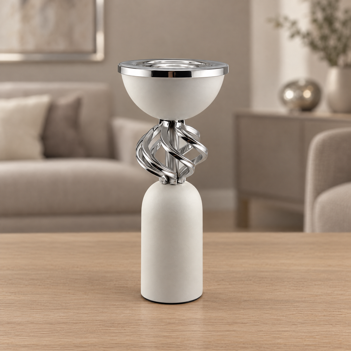 White incense burner with silver-tone twisted center displayed on a table