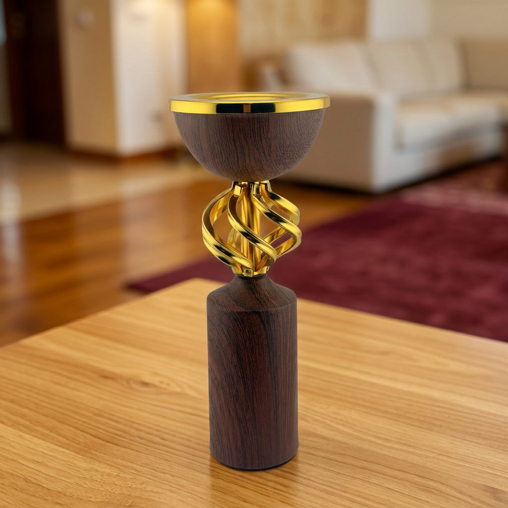 Classic brown wood-grain incense burner with a gold-tone rim and twisted openwork center