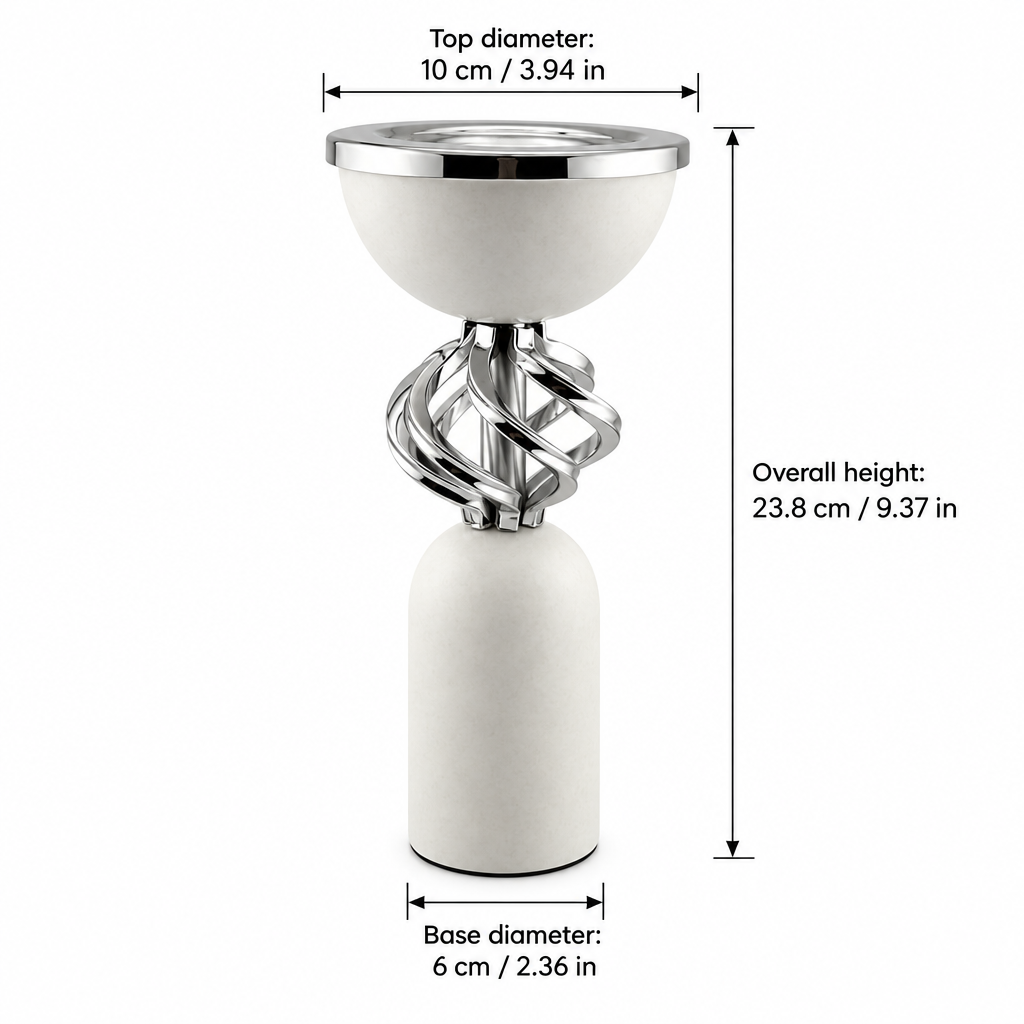 White and silver-tone incense burner: height 23.8 cm, top diameter 10 cm, base diameter 6 cm
