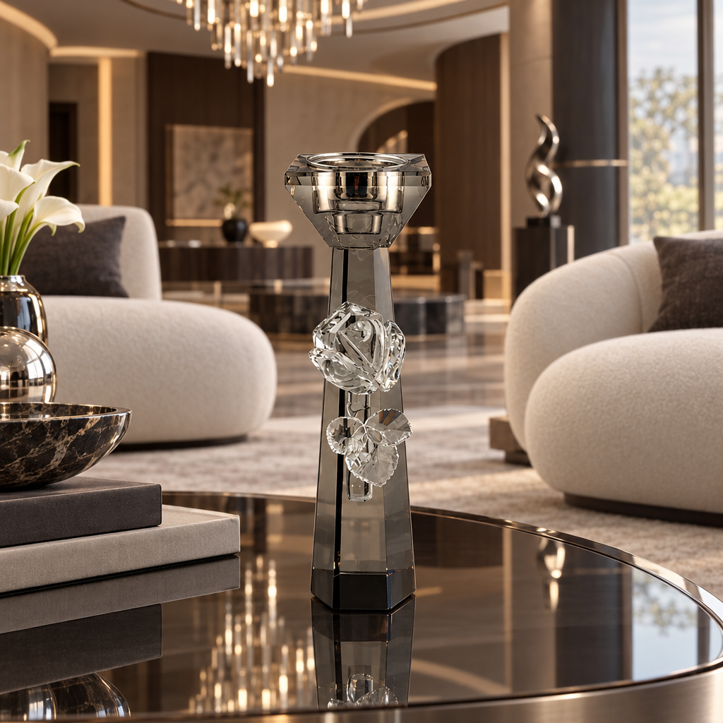 Smoky dark incense burner with a clear rose and leaf decoration in a living room