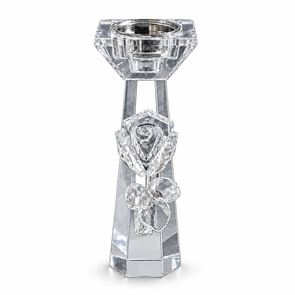 Clear glass incense burner with faceted rose and leaf decoration on a white background