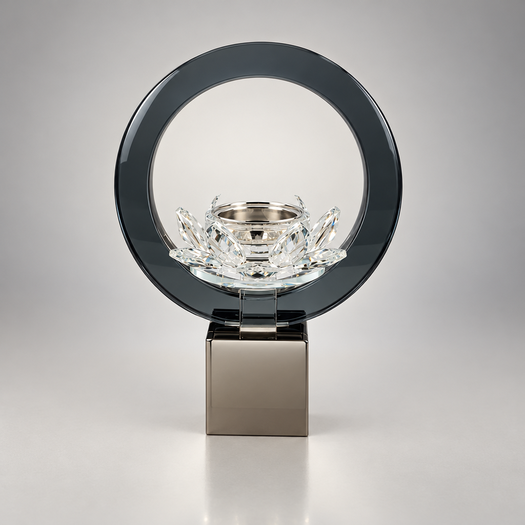 Black ring incense burner with clear faceted floral details and silver-tone cup