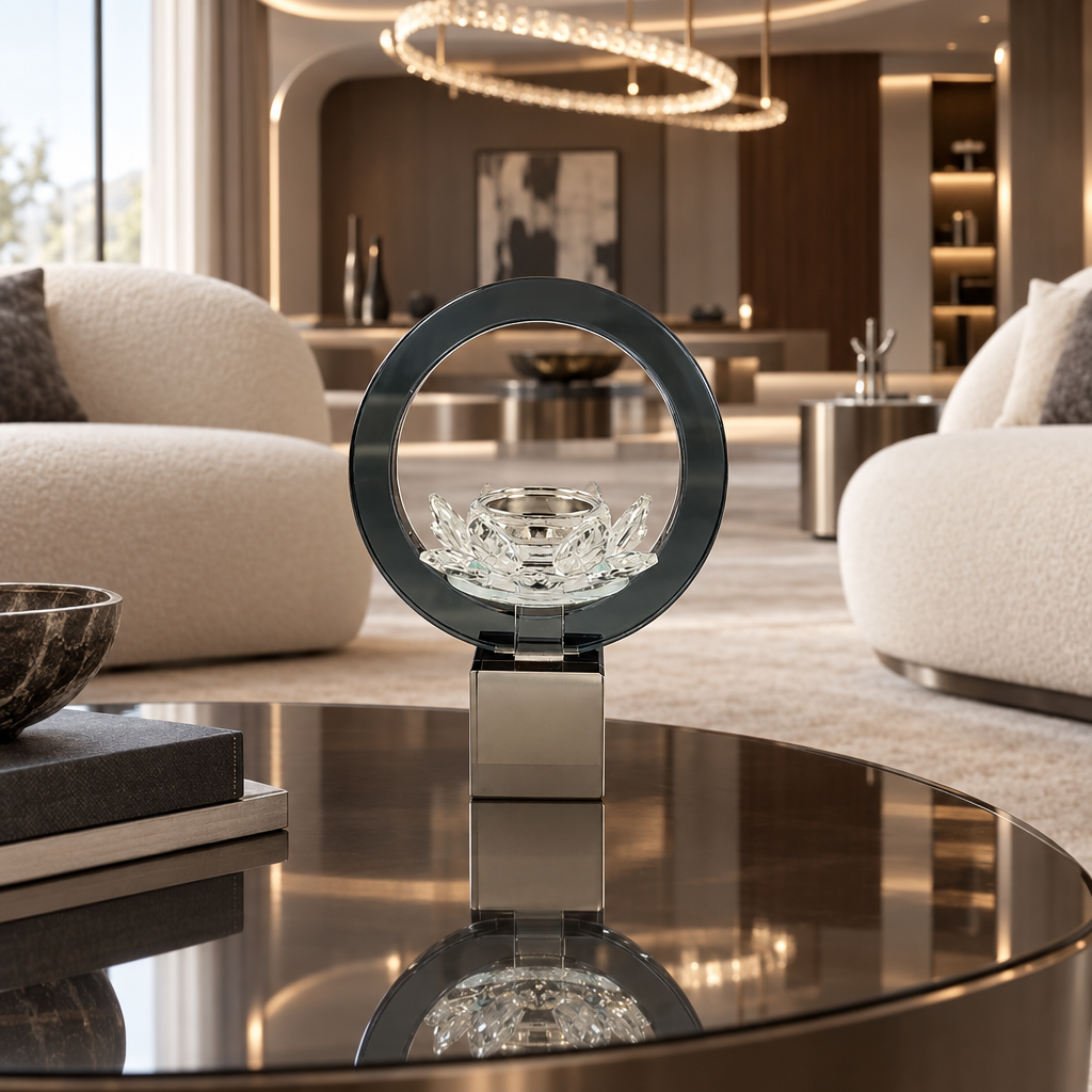 Black circular incense burner with clear lotus-style petals in a living room