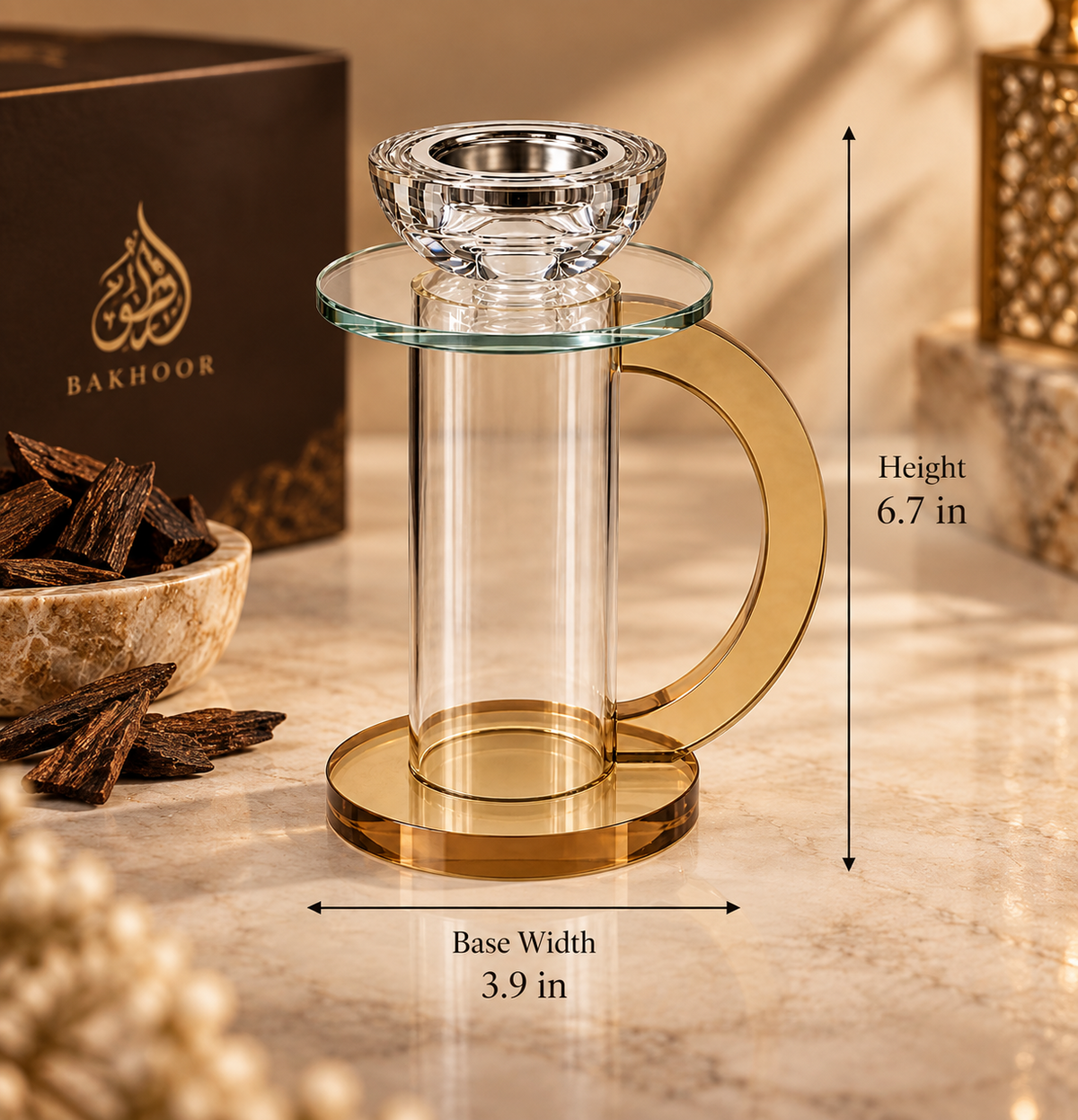 Glass and gold bakhoor burner with 6.7 inch height and 3.9 inch base width