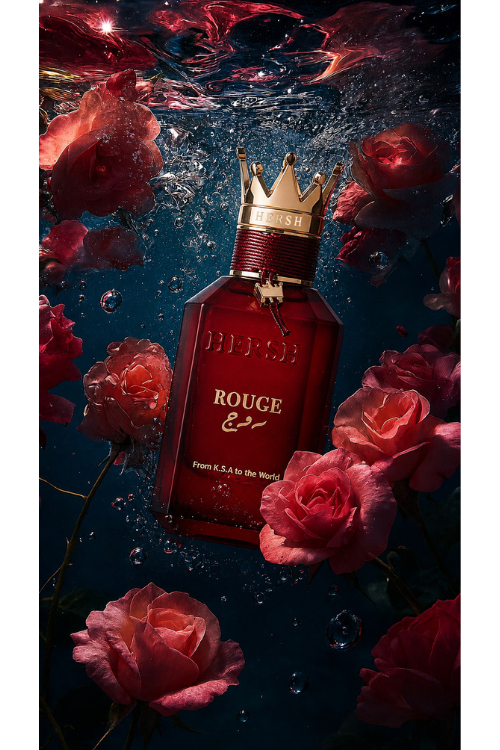 Hersh Rouge 100 ML perfume surrounded by red roses